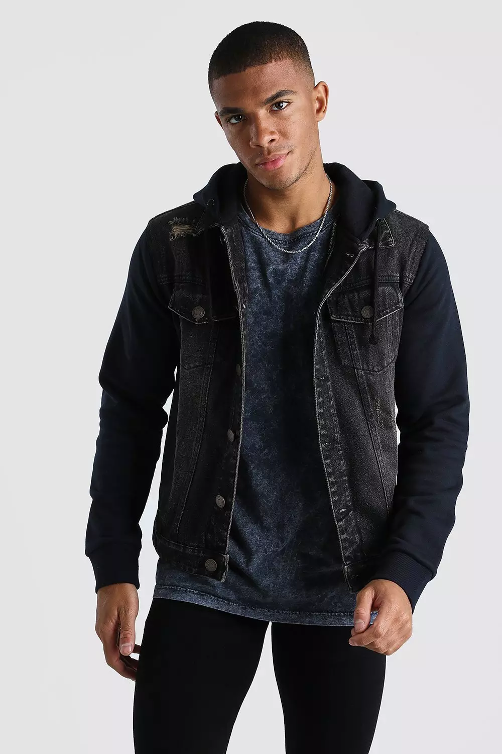 Denim jacket with black hood sale